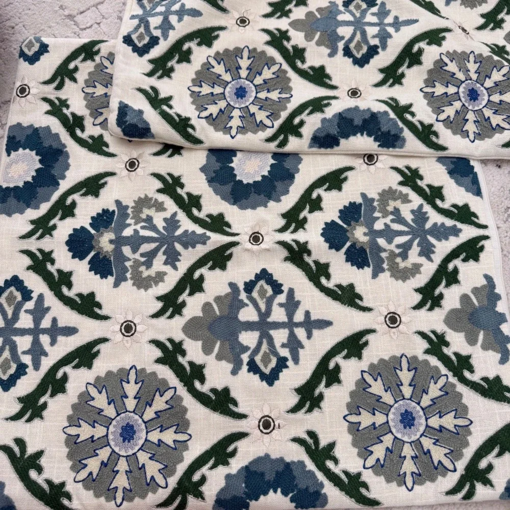 J6 Moss & Willow Sally Embroidery Pillow Covers Set of 2 Blue Green Floral 20x20